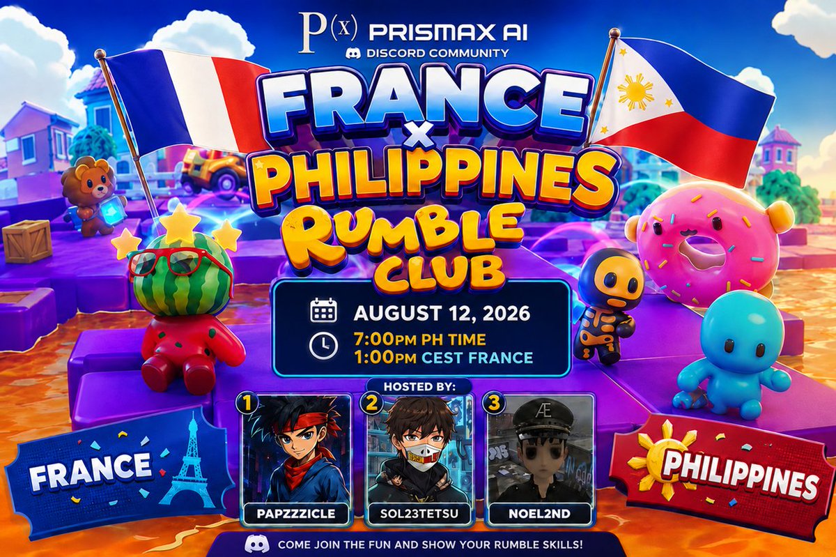 sol_tetsu's tweet photo. 4th @PrismaXai Rumble Club: France ๐ซ๐ท x Philippines ๐ต๐ญ!
๐
Aug 12 | โฐ 7PM PHT / 1PM CEST
๐ DC Voice Channel #4
๐ค Hosts: @Papzzzicle, @LogboNabile, & me
Download the app, finish tutorial, grab codes each round. Deathmatch or Team battle mode!
#PrismaX #RumbleClub https://t.co/zzOoLQ7Uxs