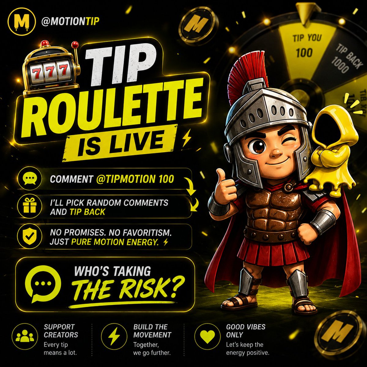 MarkelSoso's tweet photo. 🎰 TIP ROULETTE IS LIVE
@motiontip

Comment
@tipmotion
100
📷📷
MOTION · <$0.01 📷I’ll pick random comments and tip back.  No promises. No favoritism. Just pure Motion energy.   Who’s taking the risk? https://t.co/Sgpuk8aHxB