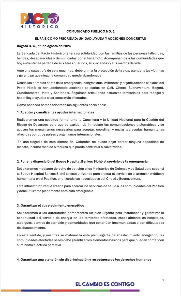 IvanCepedaCast's tweet photo. COMUNICADO # 2
PACTO HISTÓRICO 

Ante la tragedia, la solidaridad debe convertirse en acción.

Desde la Bancada del @PactoCol proponemos canalizar la ayuda internacional, poner el Buque Hospital al servicio de la emergencia, garantizar energía y atención sin discriminación, crear una Comisión Bicameral para las víctimas y aportar de nuestros salarios.

El país es la prioridad. Nadie puede quedarse solo.

https://t.co/JsGsZ3wCUN