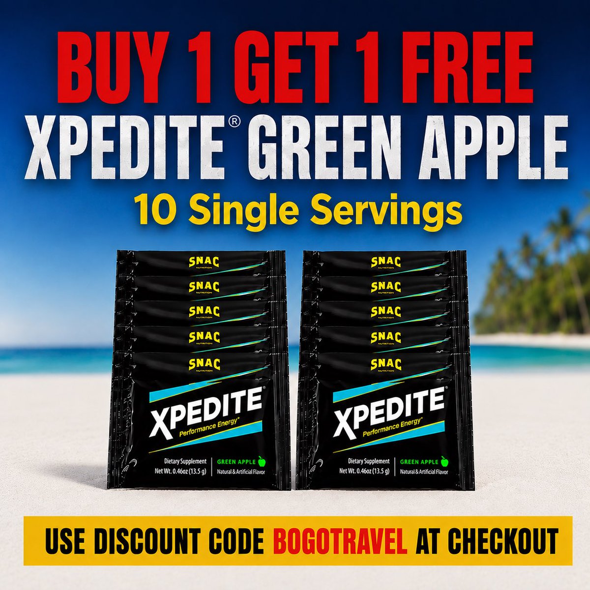 SNACsystem's tweet photo. ⚡BUY 1, GET 1 FREE!⚡

Stock up and SAVE on XPEDITE® Green Apple 10-Pack Single Servings! 🍏

BUY 1 10-PACK, GET 1 FREE with code BOGOTRAVEL at checkout.

Perfect for the gym, travel, work, or wherever your day takes you.

✅ Designed to support energy

✅ Designed to support focus & reaction time

✅ Designed to support stamina & endurance

✅ Designed to support strength & overall performance

Travel size. Big performance. ⚡

Grab your BOGO while supplies last!

Use code BOGOTRAVEL at checkout.

Save on your packets NOW: https://t.co/h2eH4EqnYd