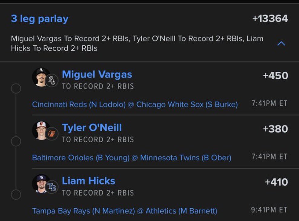 legacywin_'s tweet photo. ๐ฅ 3-LEG RBI PARLAY ๐ฅ
โพ Miguel Vargas โ 2+ RBIs (+450)
โพ Tyler OโNeill โ 2+ RBIs (+380)
โพ Liam Hicks โ 2+ RBIs (+410)
๐ฐ Parlay Odds: +13364
#DavisParlay #MLB #MLBParlay #RBIPicks #MLBPicks #BaseballPicks #SportsBetting #ParlayPicks #PlayerProps #RBIProps #LetsCash ๐ฅโพ๐ฐ https://t.co/ZWCXG8Jzn8