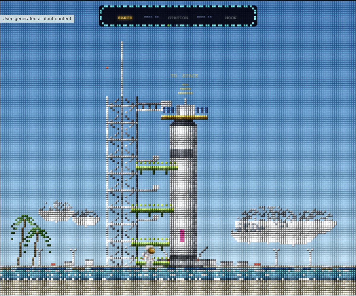 iamluisrod's tweet photo. Beach, rocket, clouds, launch pad/dock improvement. This is a knitted pixel style space game, first design from  Claude code then iterated with Midjourney references and @grok https://t.co/D768R7J3H7