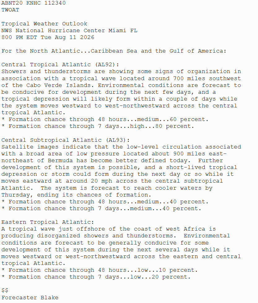 NHC_Atlantic's tweet photo. Aug 11 8p EDT: Busy for early August! The central tropical Atlantic system (#AL92) is likely to become a trop depression (TD) in a day or two, and a short-lived TD or trop storm could form in the high-latitude central Atlantic (#AL93) thru Wed. More: https://t.co/tW4KeGdBFb https://t.co/eEIUVjpyk3