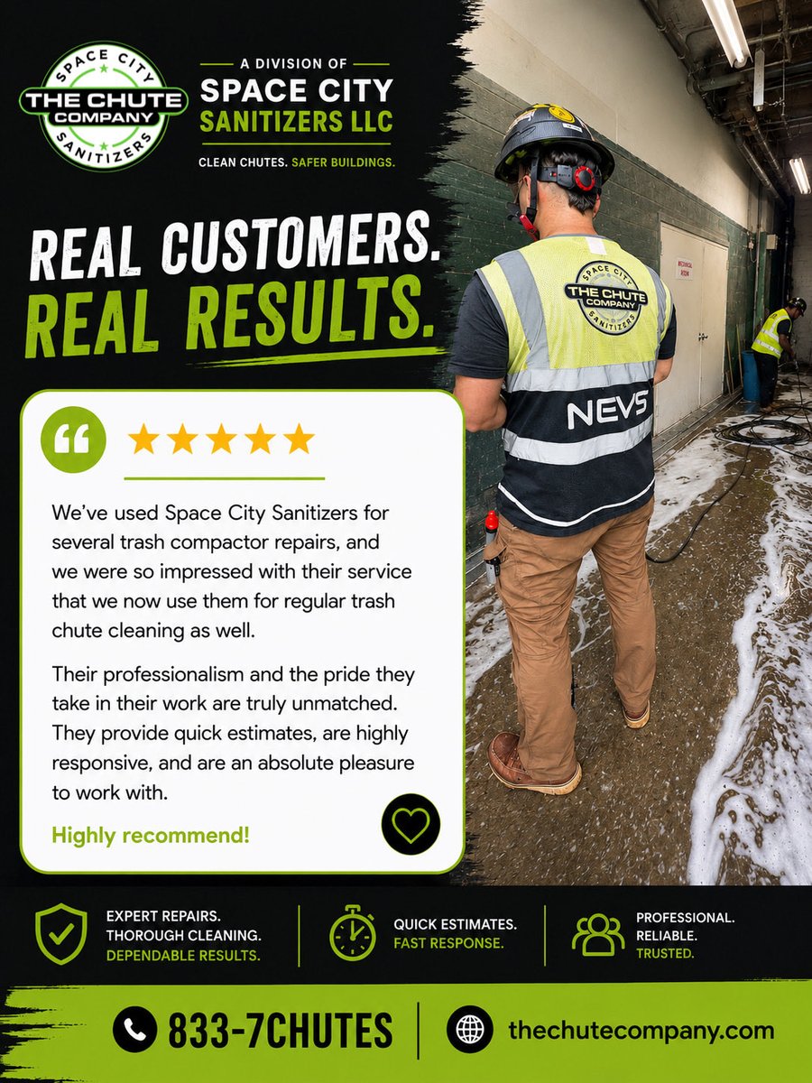 thechutecompany's tweet photo. Another 5-star review! ⭐⭐⭐⭐⭐

From compactor repairs to routine chute cleaning, our customers count on us for quick estimates, responsive service &amp; dependable results.

📞 833-7CHUTES 
💻 https://t.co/WqJj1bicKj 

#PropertyManagement #TrashChuteCleaning #TheChuteCompany https://t.co/6Fqu5JDjyd