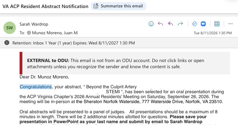 Juanma_Munoz29's tweet photo. Thrilled to share that our two abstracts have been accepted for oral presentation at #ACP26 Virginia Chapter, in two different categories! Great team effort with @CAESmedmd, @realnickvalle, Dr. @AminYehyaMD, Dr. @RaymondBenzaMD, and Dr. @Jcontreras75. @EVMSMedicine @ODU https://t.co/202JBRgBFS