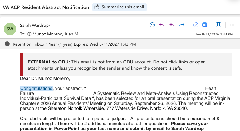 Juanma_Munoz29's tweet photo. Thrilled to share that our two abstracts have been accepted for oral presentation at #ACP26 Virginia Chapter, in two different categories! Great team effort with @CAESmedmd, @realnickvalle, Dr. @AminYehyaMD, Dr. @RaymondBenzaMD, and Dr. @Jcontreras75. @EVMSMedicine @ODU https://t.co/202JBRgBFS