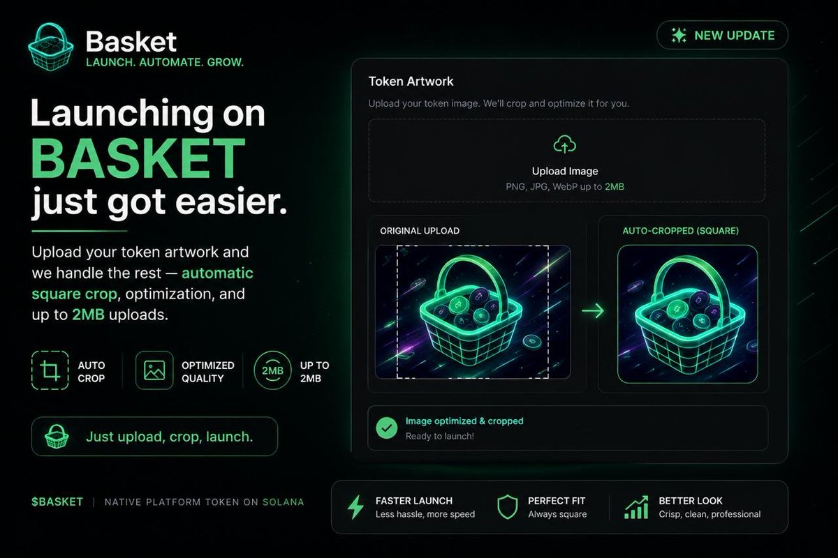 launchonbasket's tweet photo. Launching on Basket just got easier

Upload your token artwork and we handle the rest — automatic square crop, optimization, and up to 2MB uploads

No resizing, No compression tools, No extra steps. Just upload, crop, launch.

Launch on https://t.co/JKUyBdDe9p now! https://t.co/23OBakyPri