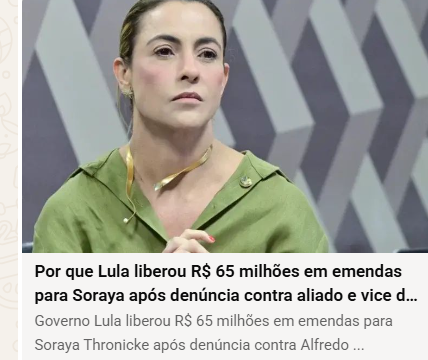 RoseCarvalhoTe1's tweet photo. Gov Lula empenhou R$ 67,79 milhões em emendas p Soraya Thronicke em 2026, dos quais R$ 52,08 milhões já foram pagos.Orçamento prevê R$ 74,01 milhões p parlamentar. Repasse ganhou destaque após a denúncia contra Alfredo Gaspar, vice de Flávio.
Coincidência? Merecemos explicações https://t.co/AWXFSjuT5g