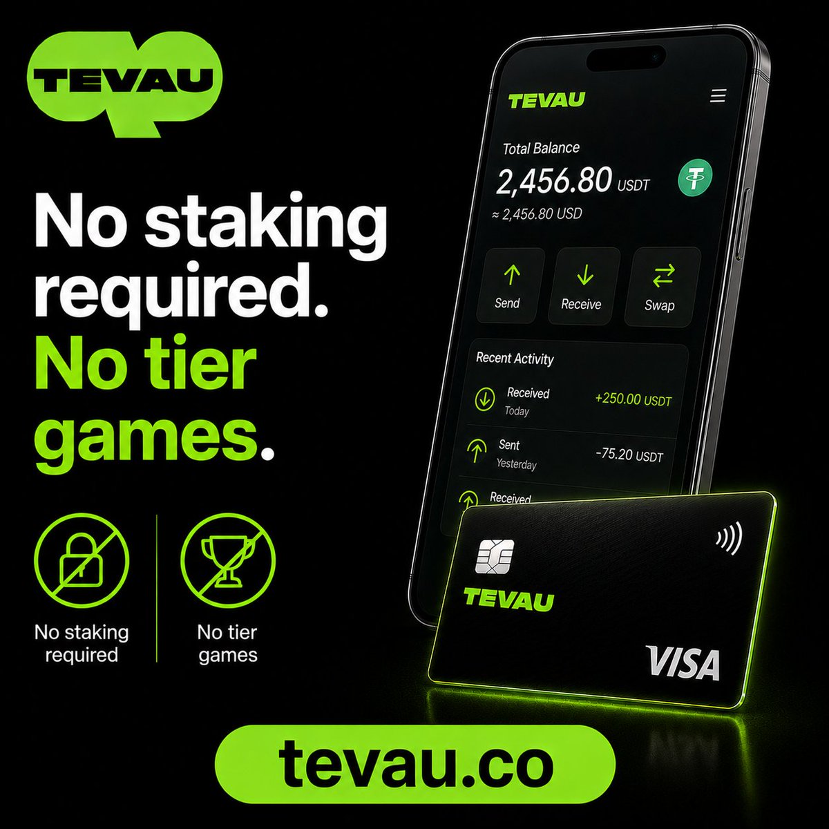 TevauCo's tweet photo. Some crypto cards make you stake tokens to unlock low fees. Tevau's rates are flat for everyone, from day one. 🎯 https://t.co/VGwSKRrQZd #Tevau #NoStaking #FlatFees https://t.co/KaAv6Svsw4