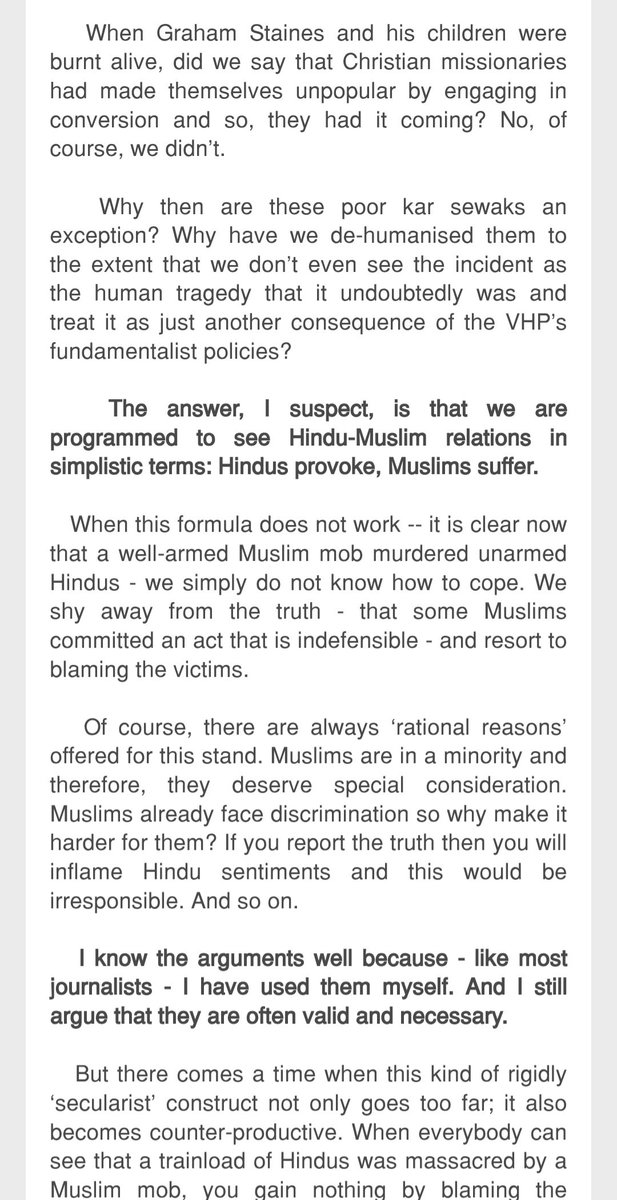radiant_raja's tweet photo. @captgouda24 Journalist Vir Sanghvi, who himself is against the BJP, wrote a piece about how horrified he was at the reaction of Indian media at the time, who were acting as if the Godhra victims were asking for it https://t.co/CV7iiX502E