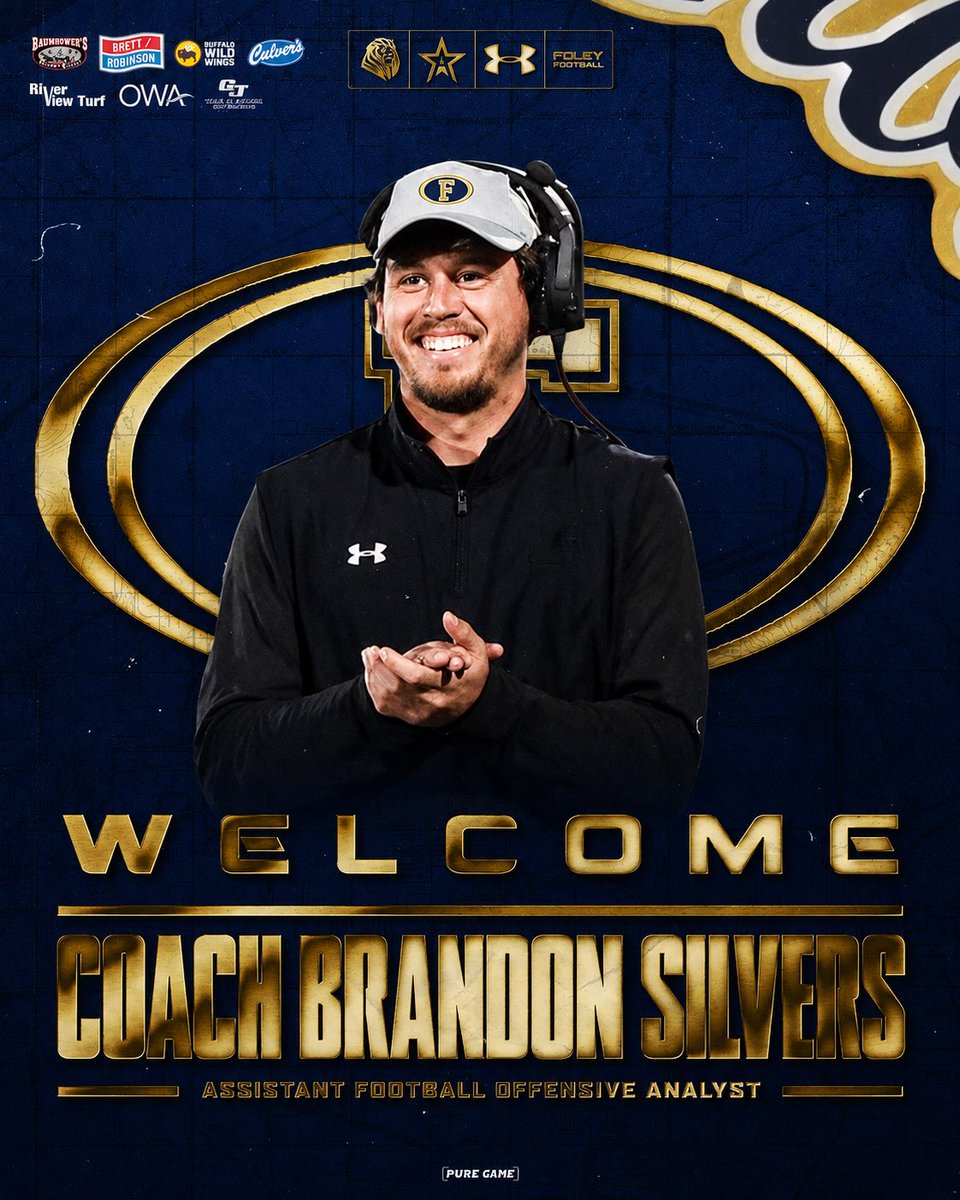 FoleyLionsFB's tweet photo. Bringing in tons of valuable experience spanning from the professional, collegiate, and high school levels, we are excited to add Coach Brandon Silvers to our offensive staff! @BSilvers_1 

#OwnIt #1ROAR 🦁 https://t.co/POomjPIH71