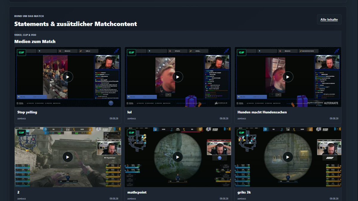 CS2Day_'s tweet photo. Wir sind noch dabei die Teamprofile, Matchseiten, Spielerprofile usw. auszuarbeiten ABER dieses Feature funktioniert bereits.

Matches die einen oder mehrere Streams hinterlegt haben (In diesem Fall @zonixxCS (BIG vs Sashi) bekommen automatisch alle Clips und die VOD zugewiesen) 

Und das nicht nur für Profi Matches, sondern alle

https://t.co/lTX0nU7wi1