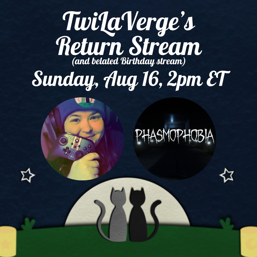 TwiLaVerge's tweet photo. I'm returning to stream on Aug 16! I'll be playing Phasmophobia &amp; I'll have Twitch Drops enabled for the Kinetic Publishing Cap cosmetic, in celebration of @KineticPub's Showcase that is Aug 12! All you have to do is watch 2 hours of any Phas stream Aug 14-17! Hope to see yall!❤️ https://t.co/dk4nrgGn1o