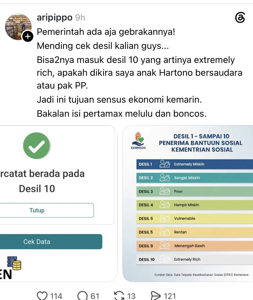 LambeSahamjja's tweet photo. curhatan netizen tentang desil:
- dia gk nyangka masuk desil 10
- artinya dia masuk ekstrim kaya
- otomatis ntar pertamax trus
- pdahal dia merasa tidak kaya
- dia curiga sensus ekonomi kemaren but ini https://t.co/5WanOl5mr8