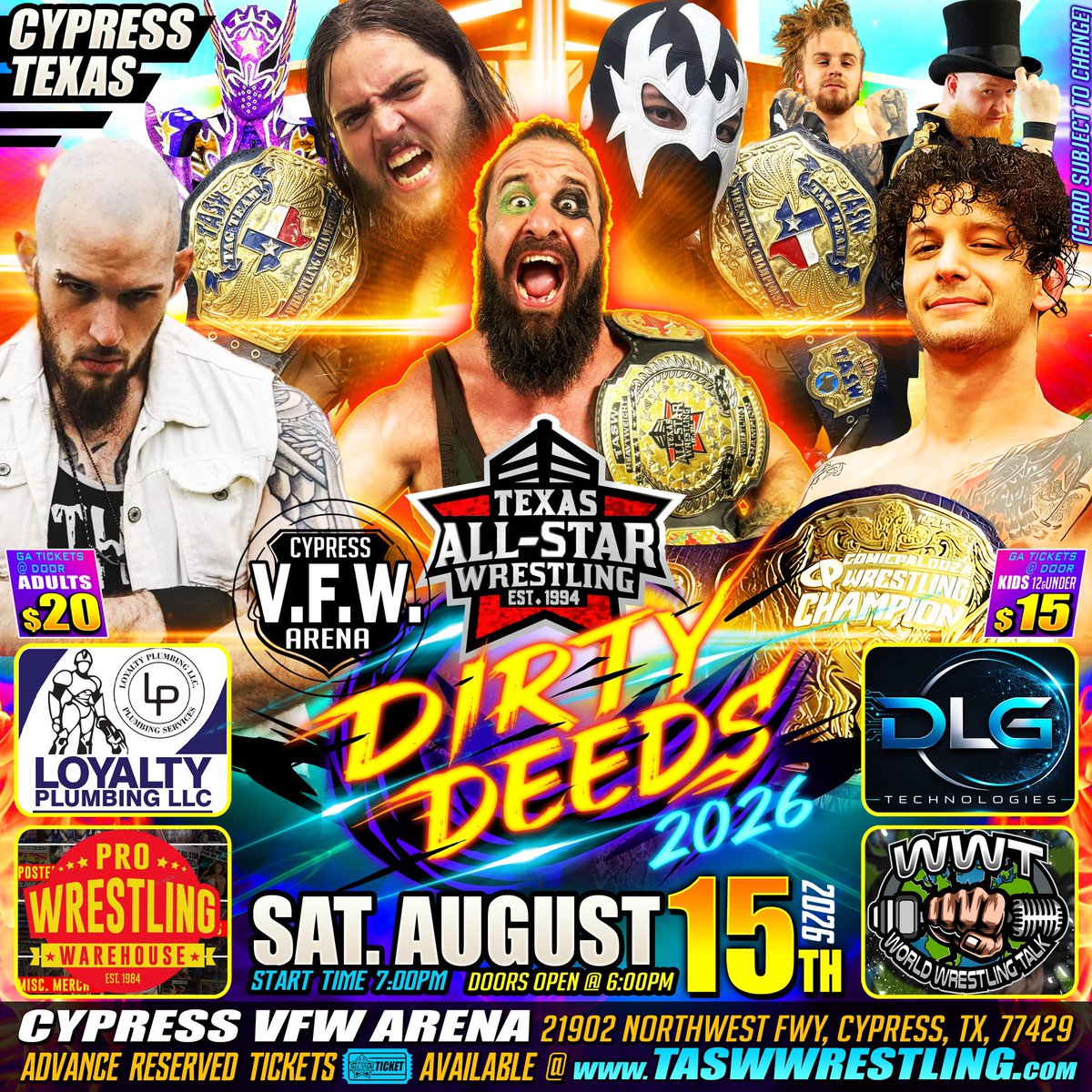 TASWwrestling's tweet photo. TASW LIVE - “DIRTY DEEDS” this Saturday night August 15th, at the Historic Cypress VFW Arena starting at 7pm! Get together with your family and friends and get ready to have a BLAST! Order reserved ringside tickets now at https://t.co/G72Yqlj1CK. https://t.co/csSrLe6KGk