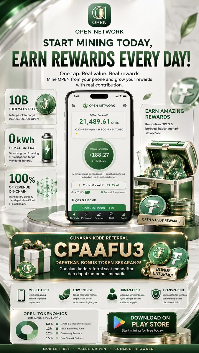lucasmilan021's tweet photo. @OpenCoinv1 Meet Open Network — mine directly from your smartphone without specialized mining hardware, designed to be energy-efficient. ⛏️📱

🎁 BONUS TOKENS FOR NEW USERS!
Use REFERRAL CODE: ( CPAAFU3 ) when signing up and receive the available referral bonus.

🔗 JOIN OPEN NETWORK & START 
Link 1 : https://t.co/GL3sHpekes

Link 2 :
https://t.co/RIR7rY7BHA

💎 Why try Open Network?
• Easy mobile mining
• 10B OPEN fixed max supply
• Designed without energy-intensive PoW mining
• Task & reward system
• Build your streak and increase your contribution
• Community-driven ecosystem

🚀 Don’t just watch others mine — start your journey today!
Download the app from the Play Store and use CPAAFU3 when joining.

⚠️ Crypto mining involves risks, and token value is not guaranteed. Do your own research before participating.

#OpenNetwork #OPEN #CryptoMining #Mining #Web3 #CryptoRewards #crypto #fyp #masukberanda