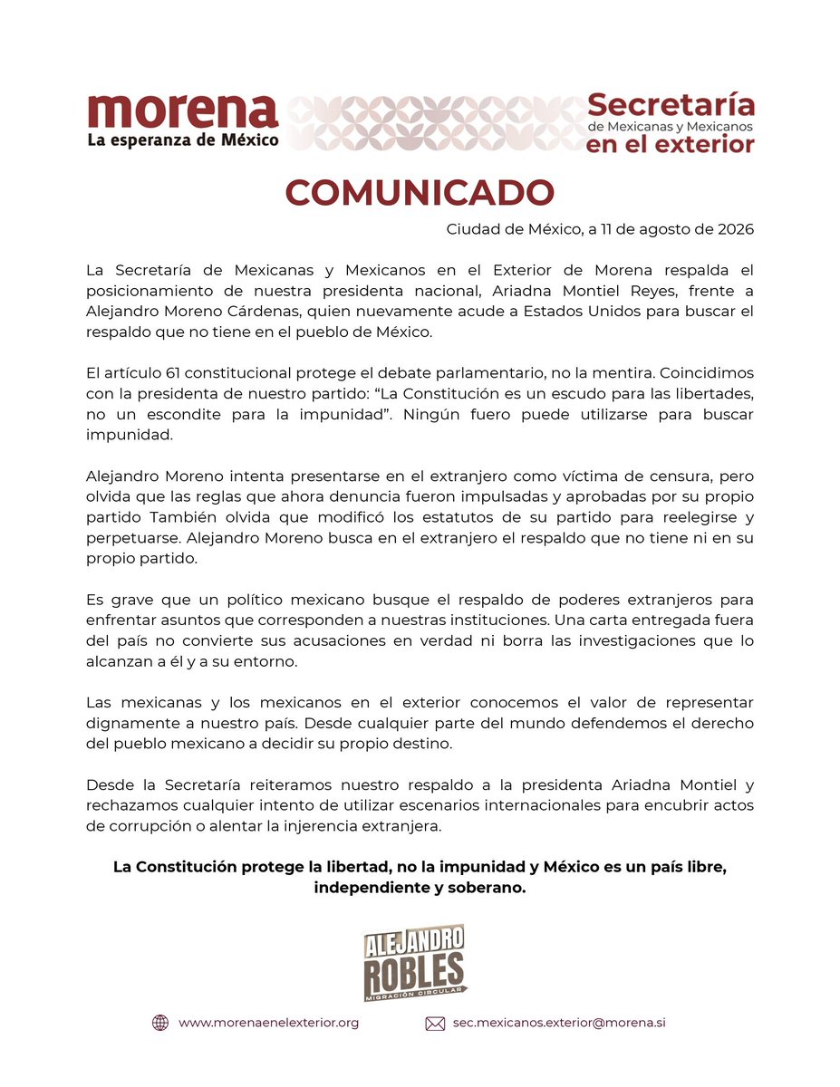 alejandrorobmx's tweet photo. Comunicado 🔈 | @A_MontielR 

@alitomorenoc como todo conservador tiene complejo de súbdito y busca el sometimiento a potencias extranjeras. 
Somos una patria libre e independiente, el pueblo de México está con la presidenta @Claudiashein https://t.co/9y9rMw0p02