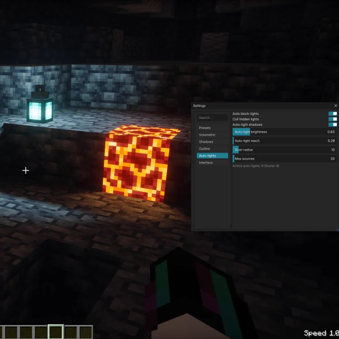 A Minecraft scene showing different blocks emitting colored light. On the right hand side is a control panel for changing lighting settings.