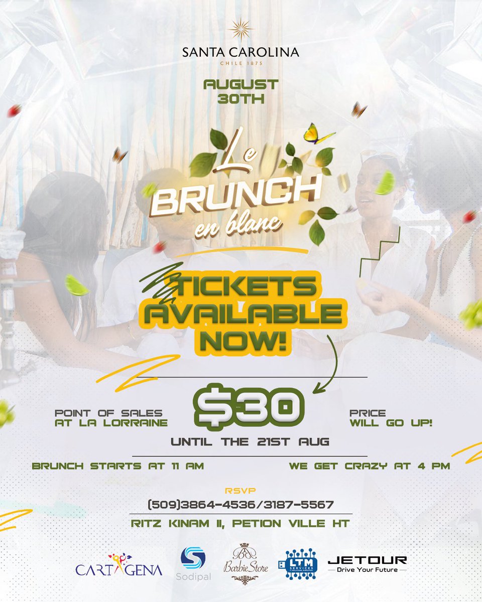 PIPOGUIRAND's tweet photo. 🤍🥂 LE BRUNCH EN BLANC IS CALLING! 🥂🤍

🎟️ Tickets are AVAILABLE NOW for just $30  🗣️grab yours before  FRIDAY AUG 21st, ⚠️because the price goes up ‼️‼️

📍 Point of sale: La Lorraine
📲 RSVP: (509) 3864-4536 / 

3187-5567
📍 Ritz Kinam II, Pétion-Ville https://t.co/HnPjIZAlfO