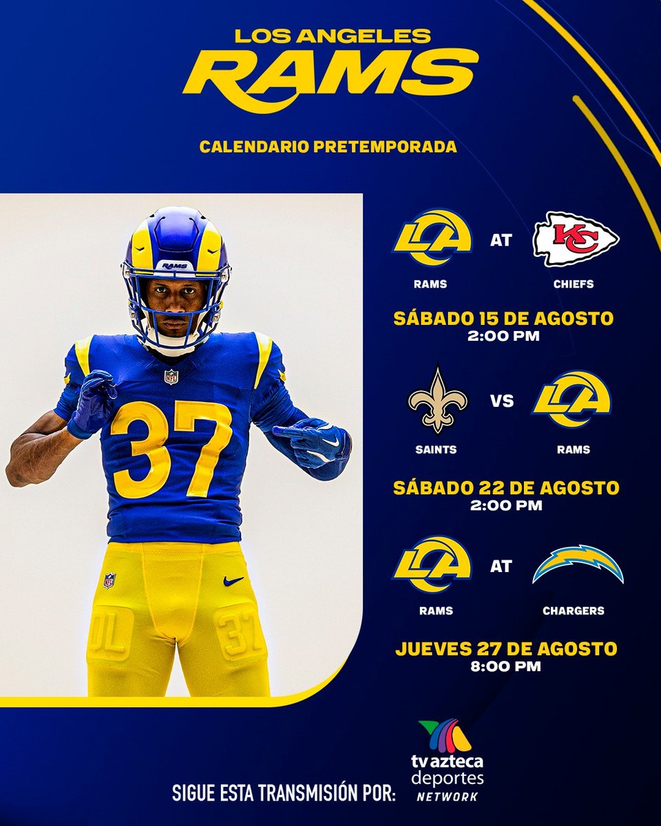 AztecaDeportes's tweet photo. LOS RAMS VAN POR AZTECA DEPORTES 🏈

El equipo de Los Angeles se prepara para la temporada 2026 y tendremos sus encuentros de pretemporada, Matt Stafford y compañía comienzan su camino al Super Bowl LXI en el SoFi Stadium 🐏

#RitualNFL https://t.co/yjVSkDVKAI