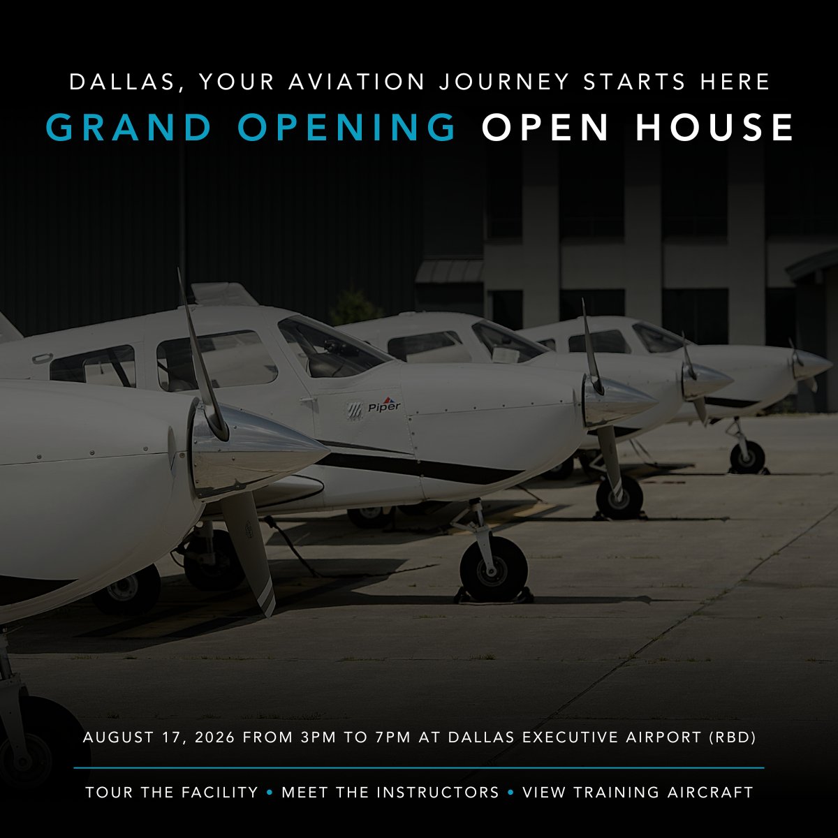 JetAccessFT's tweet photo. Join Jet Access Flight Training for our Grand Opening Open House Aug. 17, 3–7 PM at Dallas Executive Airport. Tour our new facility &amp; learn about career-focused flight training.

Accelerated Program apps due 9/7. Financing available through @edlyloans &amp; @stratusfinance https://t.co/9PsLqEKb1C