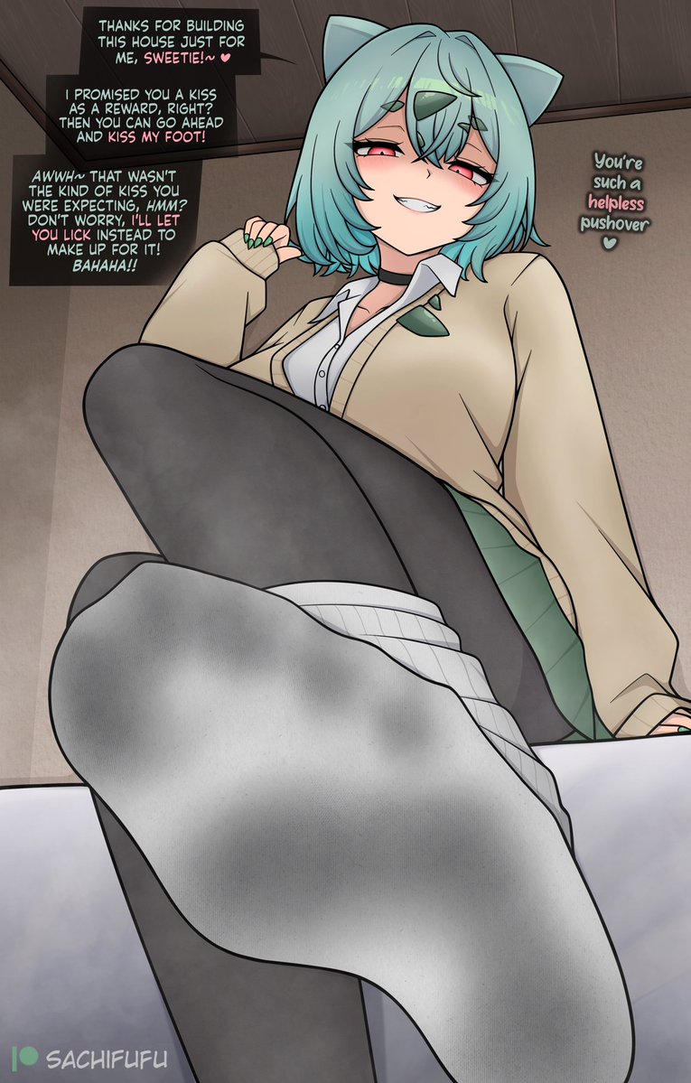 SachiFufu's tweet photo. You spent hours building her house block by block, making sure it was the prettiest one in your town… Hope you enjoy your reward kiss! 

Aww~ Wasn’t her foot what you were expecting to kiss? Just be happy with it and better luck next time, doormat 🤍