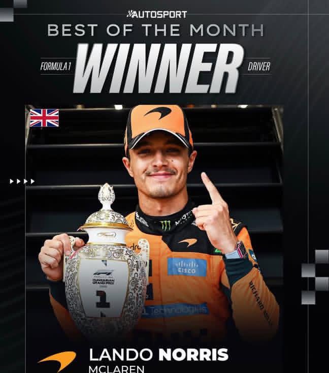 SpeedSiren's tweet photo. @LandoNorris has been voted F1 Driver of the Month for July by Autosport!

The reigning F1 World Champion finally reached the top step of the podium for the first time this season at the Hungarian GP. 

A well-deserved recognition for the reigning champion. 👏

@McLarenF1 https://t.co/H0ZoB5sOyX
