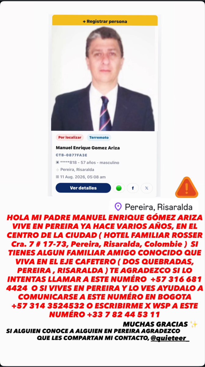 ZSLVAL's tweet photo. Holaaa, el papá de unos amigos se encuentra desaparecido en PEREIRA, se hospedaba en el siguiente hotel, POR FAVOR AYÚDENME A DIFUNDIR LA INFORMACIÓN🙏🙏🙏🙏🙏 #pereira #Terremoto2026 #ColombiaNoEstáSola #rescatistas https://t.co/23SBtAQIEZ