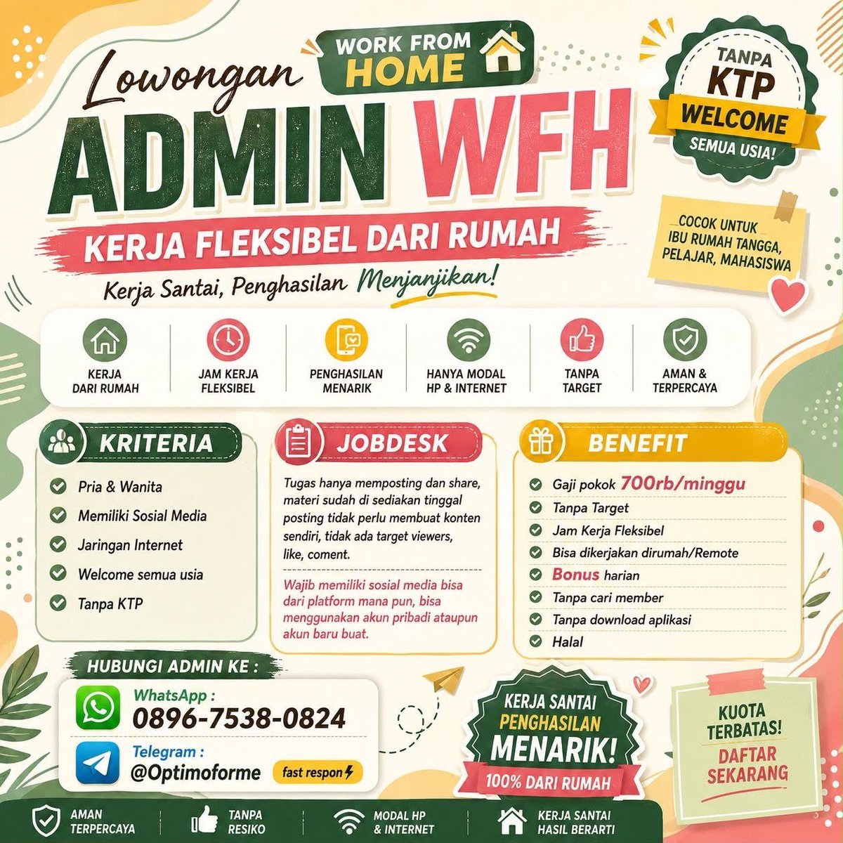 Lira4sha's tweet photo. Cari Tambahan Penghasilan Tanpa Harus Keluar Rumah?

 Admin Freelance
✔ Kerja santai
✔ Tidak perlu bikin konten sendiri,tinggal posting &amp; bagikan
✔ Jam kerja bebas,atur sendiri!
✔ Dapat gaji mingguan+bonus harian,tanpa target!
Syaratnya: Punya HP, internet &amp; medsos saja! https://t.co/jH827OyMaG