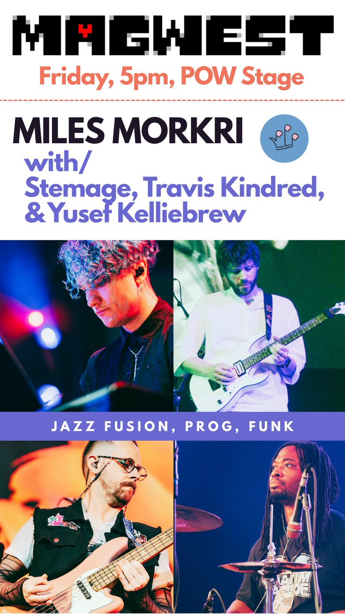 Stemage's tweet photo. For anyone at #MAGWest, I'm playing a full set with MILES MORKRI - a prog and jazz/fusion genius that will kick off main stage at 5pm Friday. It's mathy madness. Also joined by Travis Kindred on bass and Yusef Kelliebrew on drums! I'm using so many new weird pedals lol. https://t.co/Ujdtb7N9Kk