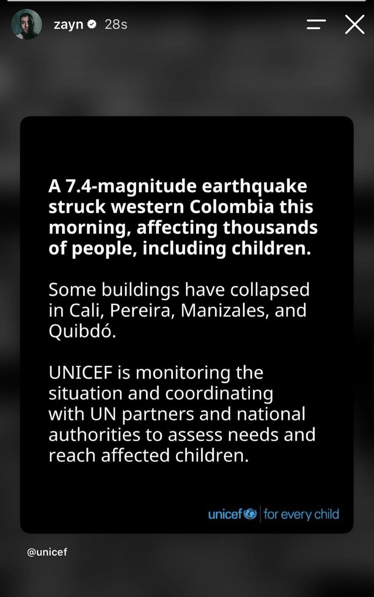 zaynmbase's tweet photo. #ZAYN has reshared UNICEF’s post regarding the devastating earthquake that struck Colombia 🇨🇴❤️‍🩹 https://t.co/PN8GmzBXK4