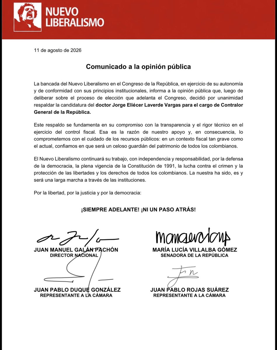 NvLiberalismo's tweet photo. La bancada del Nuevo Liberalismo en el Congreso de la República informa a la opinión pública que, por unanimidad, respalda la candidatura del doctor Jorge Eliécer Laverde Vargas para el cargo de Contralor General de la República.

@Maluvillalba @juanpabloroj @juanpaDuqueG https://t.co/yhPK8peQxj