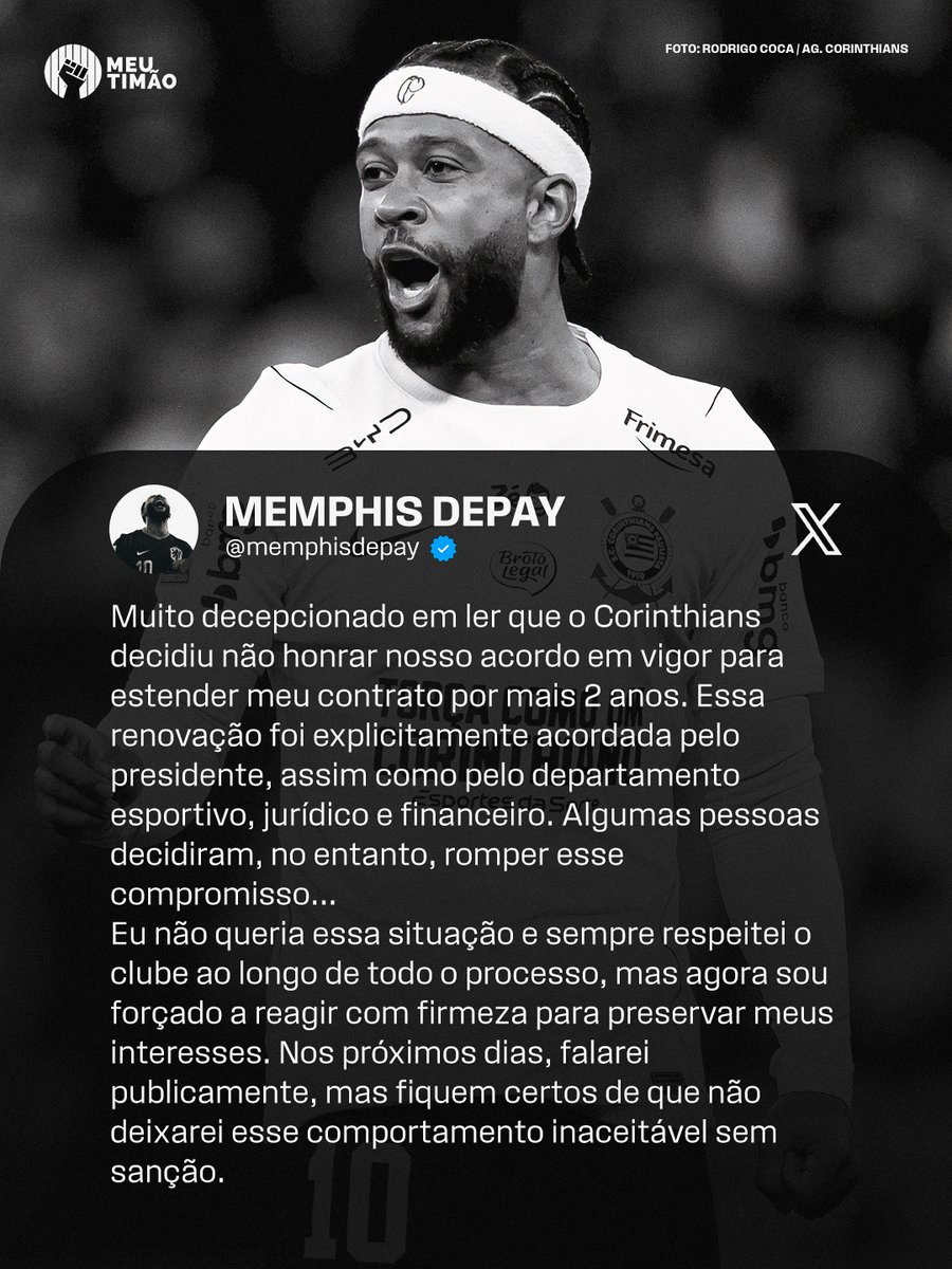 MeuTimao's tweet photo. Memphis Depay se pronuncia pela primeira vez após o anúncio da sua saída do Corinthians.

🔴 Apoio: @KTO_brasil - Jogue com responsabilidade (+18) https://t.co/XEK1ZlZkcY