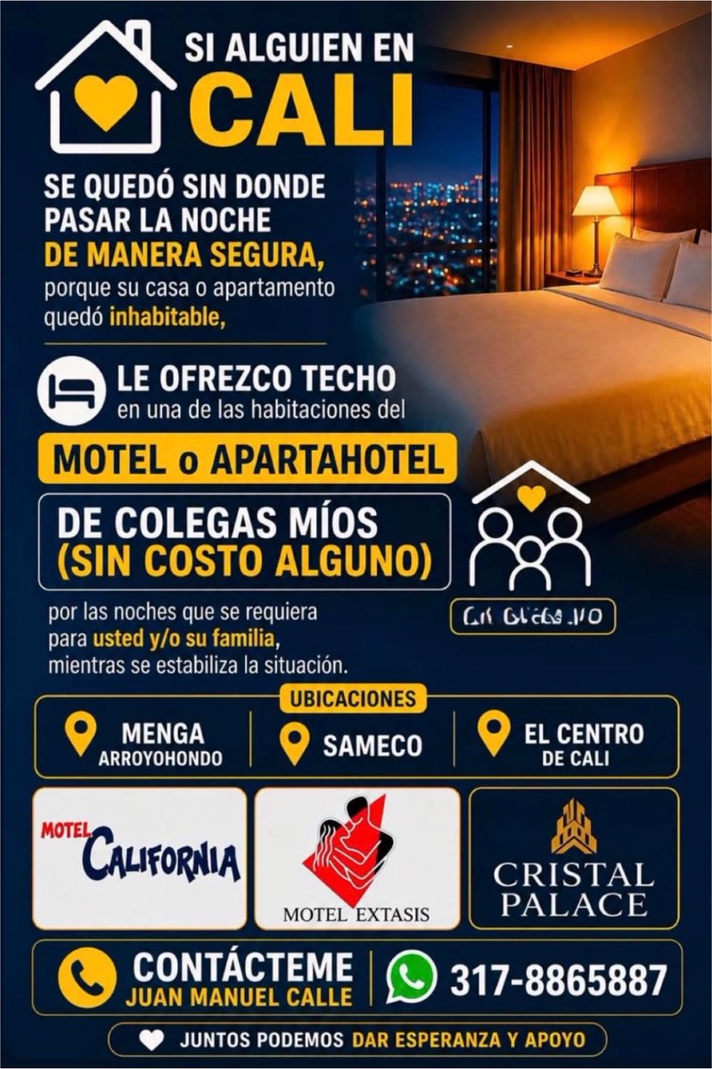 Futbolfpc's tweet photo. 🚨 En CALI. POR FAVOR DIFUNDIR. 

Ponen a disposición tres lugares para pasar la noche de manera segura a quienes su casa haya quedado inhabitable. Manga, Saneco y el Centro de Cali. 
 
Comunicarse al 3178865887 con Juan Manuel Calle. https://t.co/tRaCehYMck