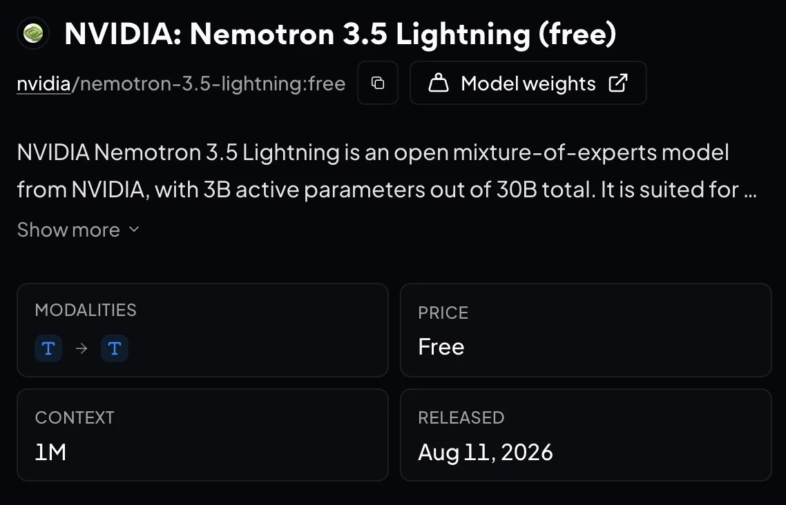 Captura de NVIDIA Nemotron 3.5 Lightning, un modelo open Mixture-of-Experts con 30B parámetros totales y 3B activos. Ofrece contexto de 1 millón de tokens, entrada y salida de texto, pesos descargables y uso gratuito. Lanzado el 11 de agosto de 2026. NVIDIA soltando otro modelo como quien no quiere la cosa.