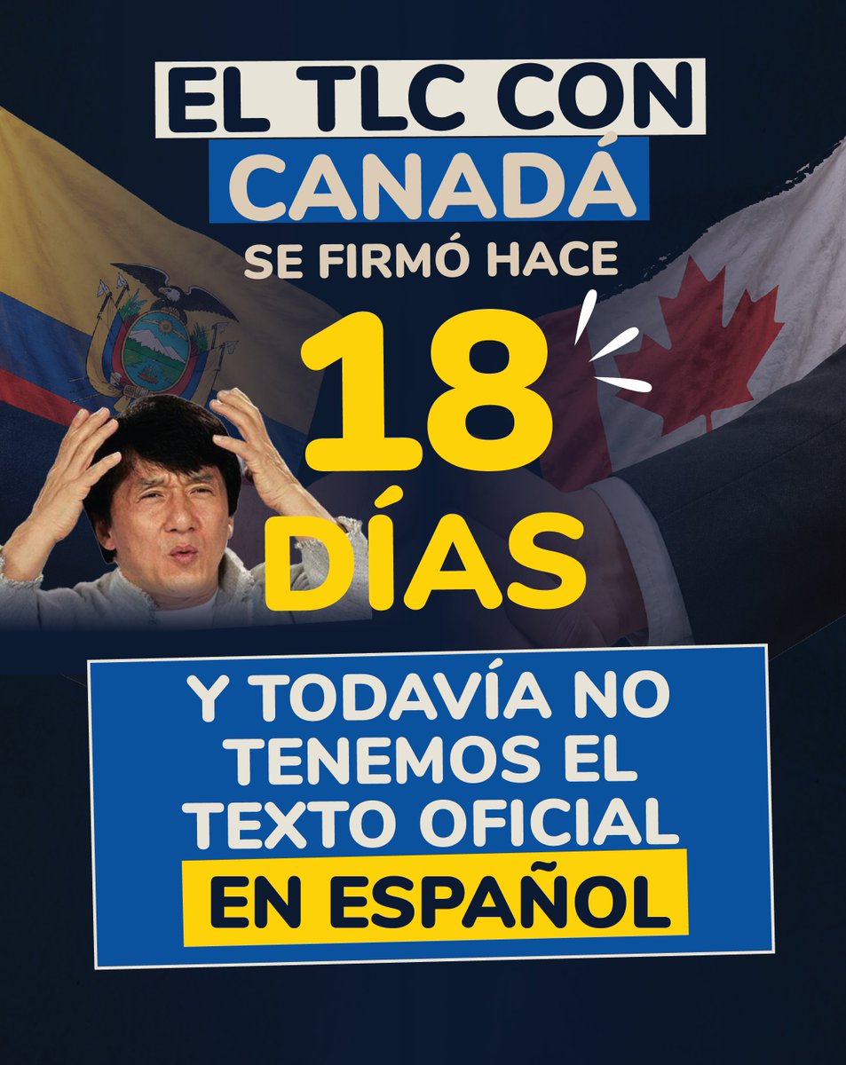 EcuadorNoTLC's tweet photo. 🇪🇨 🇨🇦¿Cómo vamos a saber qué firmaron si no podemos leerlo?

El TLC Ecuador–Canadá ya está firmado. Han pasado 18 días y seguimos esperando el texto oficial en español.

No queremos que nos lo cuenten. Queremos leerlo.

¿Tú también crees que ya debería estar publicado? https://t.co/Ys7NkLhzwx