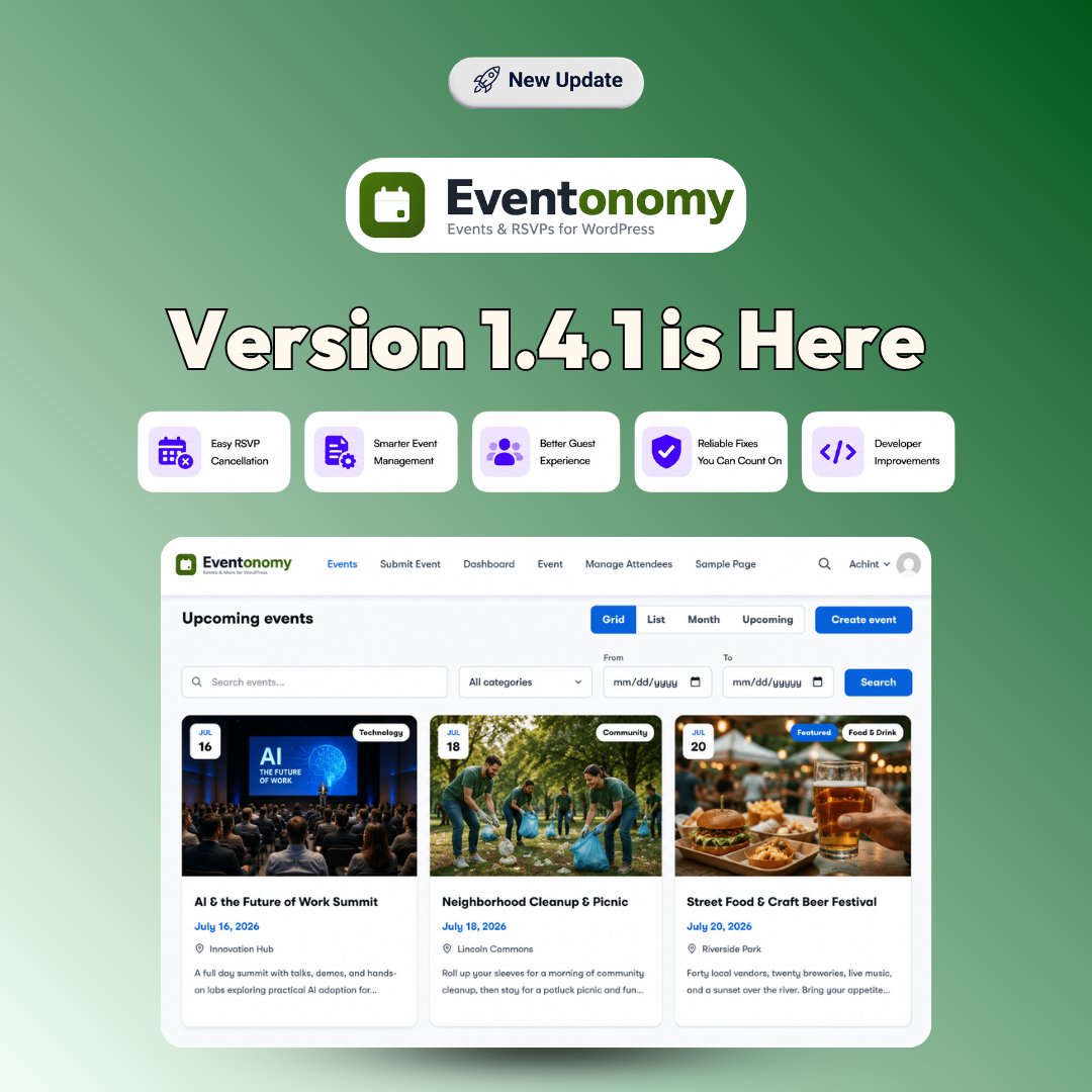 wbcomdesigns's tweet photo. Eventonomy v1.4.1 released.
Adds direct RSVP cancellation, improves guest registrations, fixes abandoned checkout seats, and makes event availability and publishing more reliable.
π https://t.co/LzCbHrrKMD
#WordPress #Eventonomy #PluginUpdate #WbcomDesigns https://t.co/MsCybrOSZu