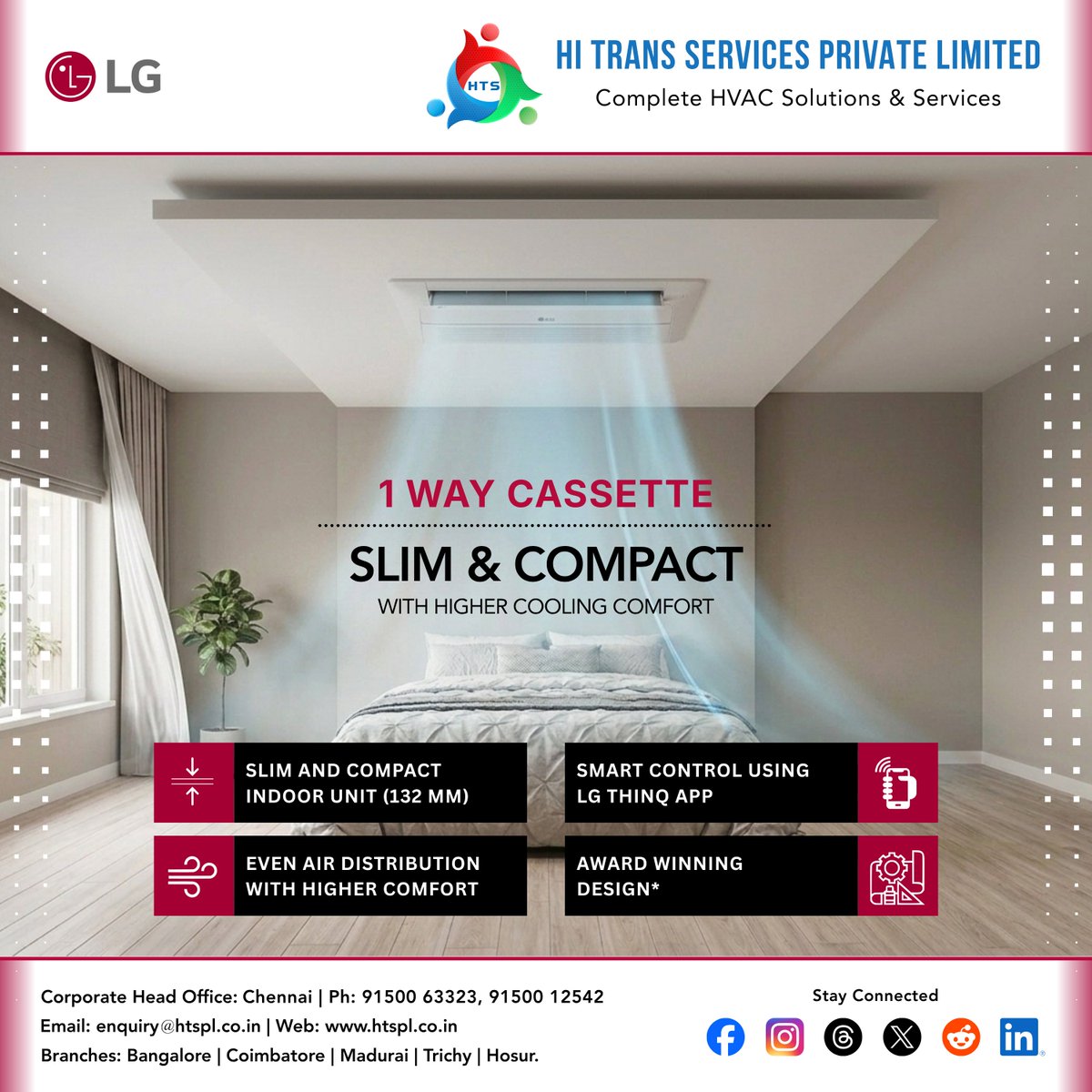 htspl_in's tweet photo. Upgrade your space with the ultra-slim LG 1-Way Cassette AC!

✨ Highlights:• 132 mm ultra-slim body • 4-way airflow control • Smart LG ThinQ® integration
Contact Hi Trans Services: 📞 91500 63323 🌐 https://t.co/U9Iut8Hj9W
#LG #HVAC #LGThinQ #ChennaiHVAC https://t.co/oaJTFKqzJT