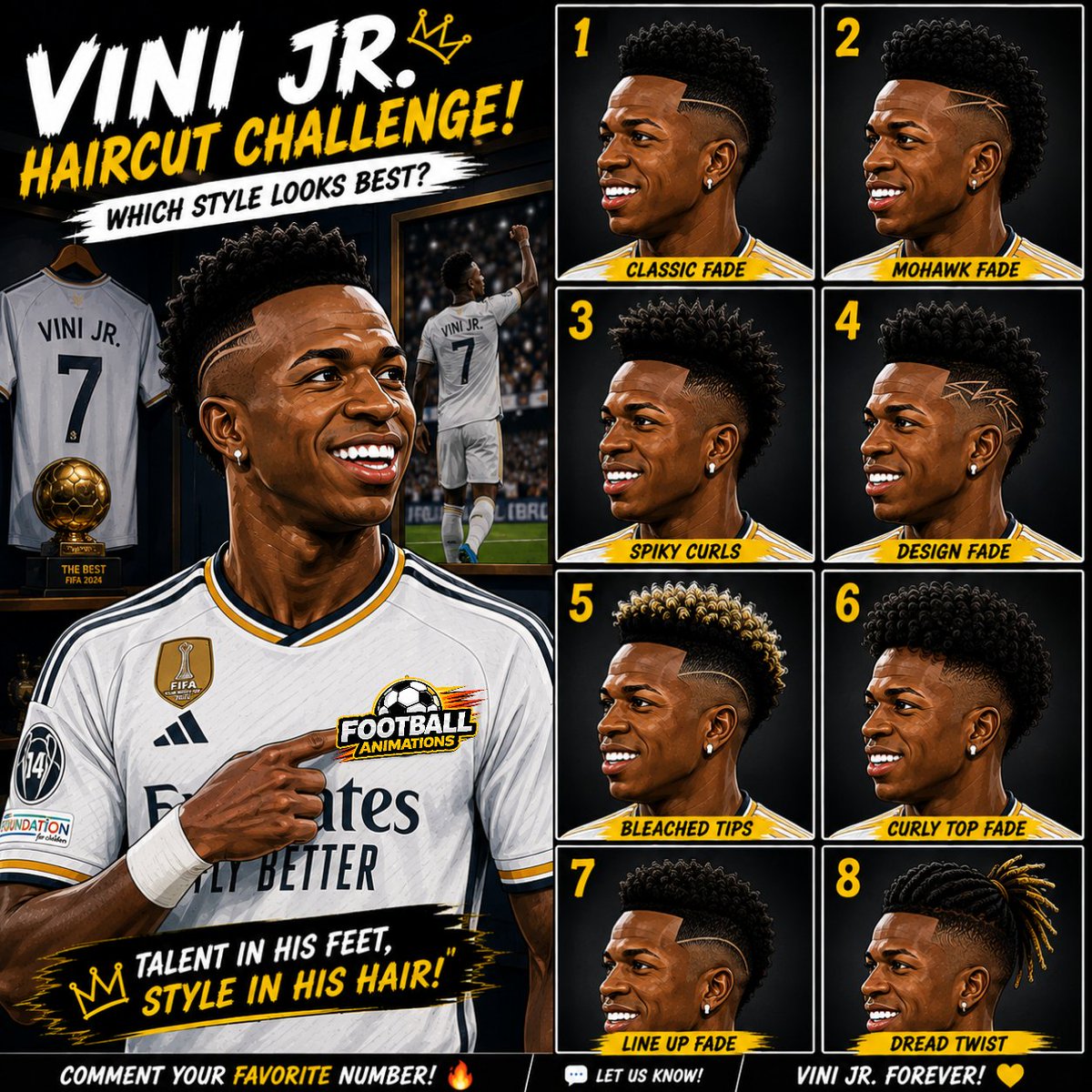 footballanima's tweet photo. Vini Jr. Haircut Challenge! β½π₯ | Which Style Looks Best? 1οΈβ£β8οΈβ£ | Football Animations
Pick Your Choice! π
#ViniJr #ViniciusJr #FootballAnimations #Football #Soccer #HaircutChallenge #ViniJrFans #FootballArt #RealMadrid #FootballFans https://t.co/o4Vzr5CPAm