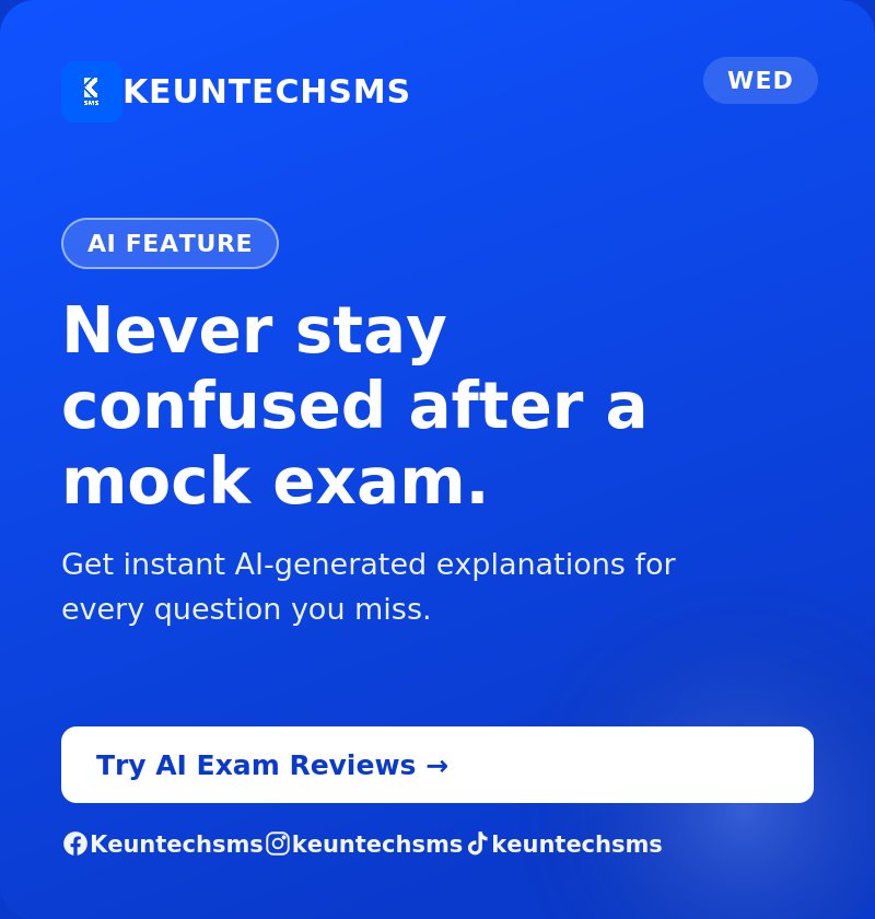 keuntechsms's tweet photo. Never stay confused after a mock exam.
Get instant AI-generated explanations for every question you miss.
#AIExamReviews #Keuntechsms https://t.co/RCNmFZdUep