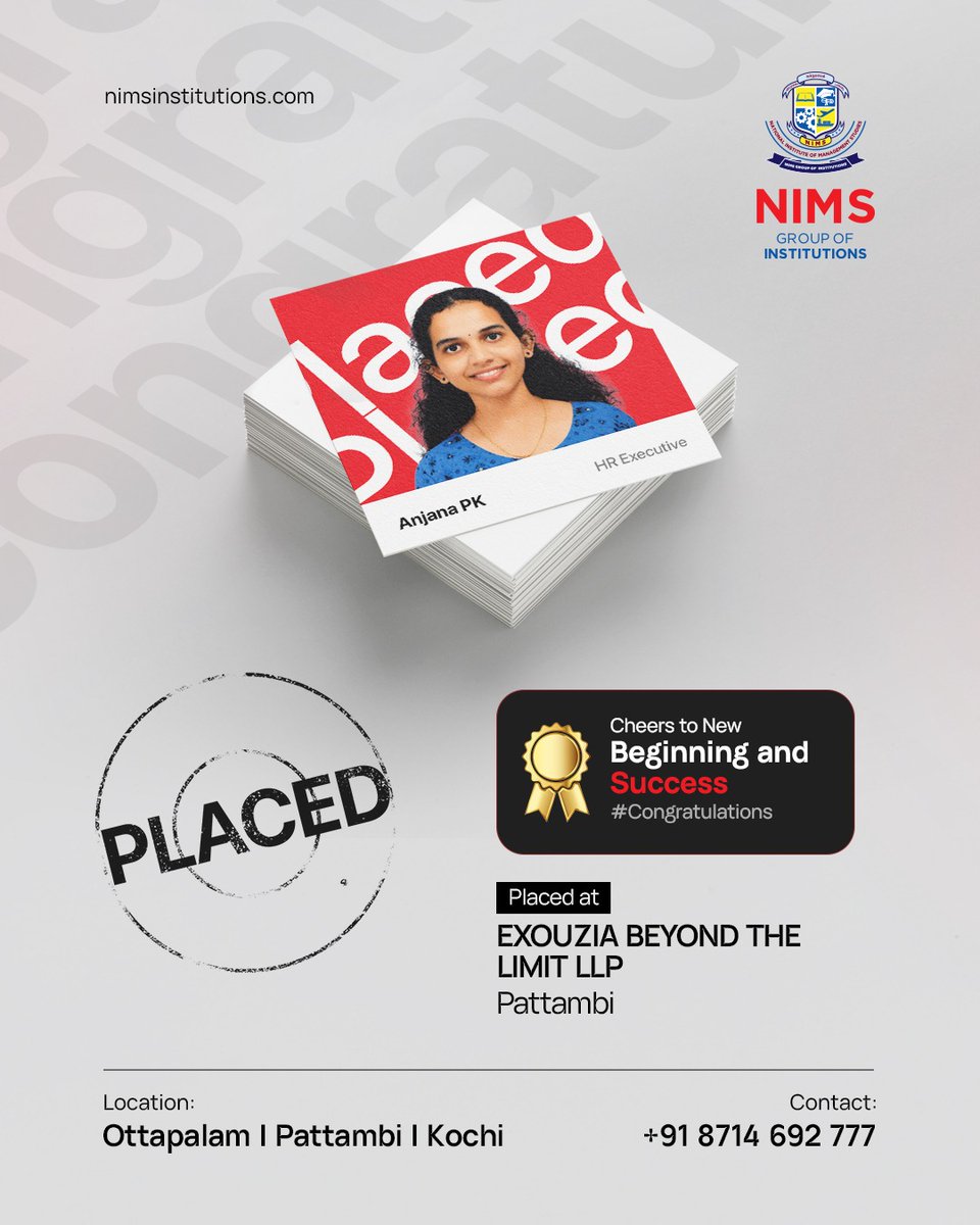NIMSINSTITUTION's tweet photo. From Campus to Career!

A proud placement achievement worth celebrating!
Congratulations to Anjana PK on securing a new career opportunity at Exouzia Beyond The Limit LLP, Pattambi. https://t.co/Bqbgp0DIdR