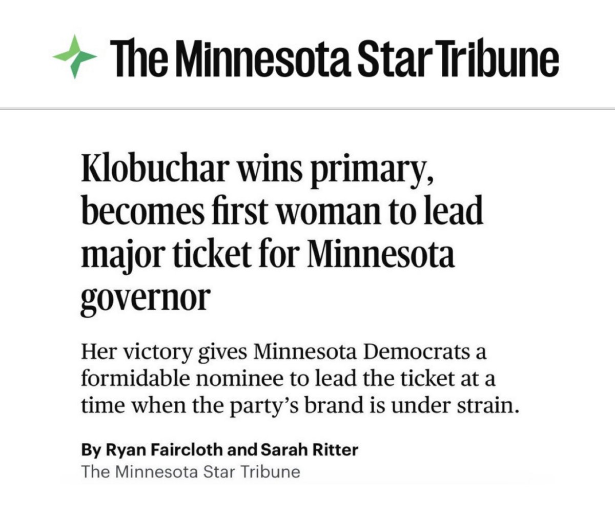 GrageDustin's tweet photo. The Minnesota Star Tribune celebrates Amy Klobuchar for being the first woman to lead a major party ticket.

The only problem is that Lisa Demuth is leading the Republican ticket.

She is a woman… and black…

Weird how they don’t mention that. https://t.co/99MsriCBKR