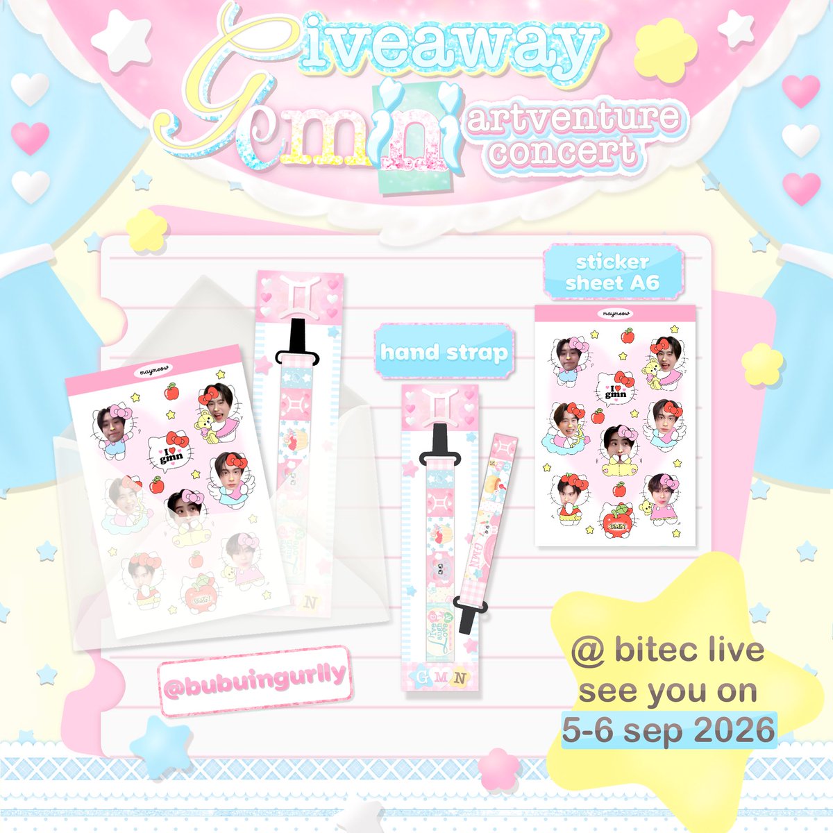 bubuingurlly's tweet photo. Pls rt 🤲🏻

Giveaway  #Geminiconcert 🐭🌟💘

🫧hand strap 1 pcs.
🫧 stk.sheet a6 1 pcs.
              
🗓️ 5-6 Sep 2026
📍 Bitec Live

rt &amp; show this tweet 🐣 

#Gemini_NT #เจมีไนน์ https://t.co/goB6i9UMjs