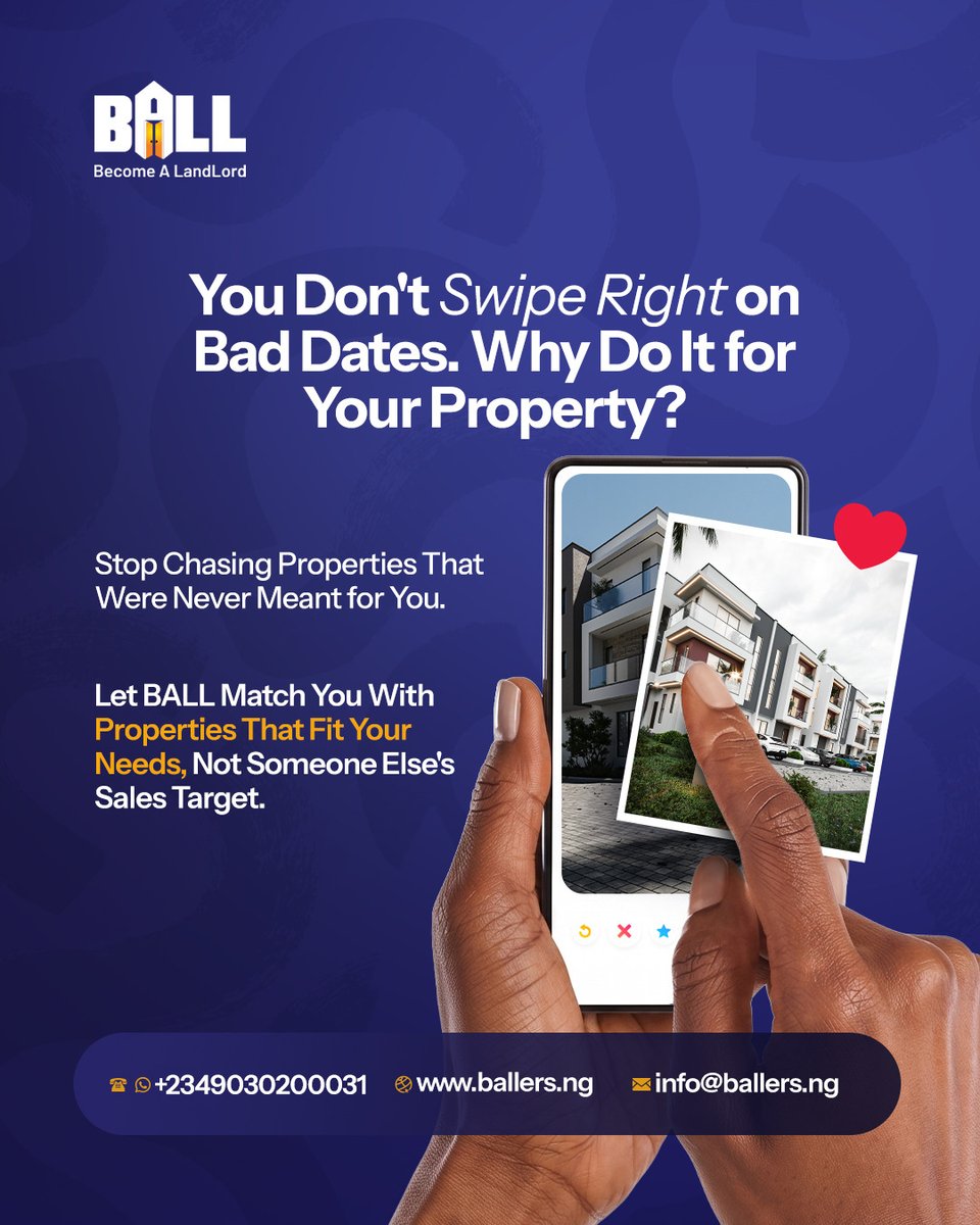 BALLers_ng's tweet photo. Choosing the wrong property is an expensive mistake. BALL takes the time to understand your budget, your goals, and your timeline before matching you to verified properties that actually make sense for you. 

Let BALL match you to your perfect property today. https://t.co/W0xiqj9SB0