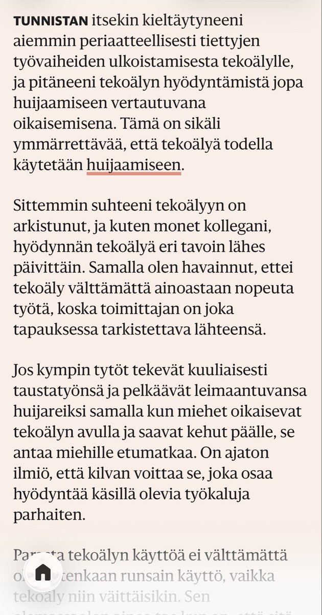 JiiPeePuro's tweet photo. Kuten sanottua, tämä on jokapäiväistä

Tänään HS:n Vision (€) keskiössä "kympin tytöt", nuo kuuliaiset ja kiltit, ja "epäreilut kyvyttömät miehet", jotka käyttävät työssään tekoälyä. Kun naiset sen sijaan ajattelevat itse.

Toimittaja menee alusta alkaen solmuun itsensä kanssa. Tutkimuksen mukaan siis miehistä 33% käyttää työssään tekoälyä, naisista 27%. Ja se kertoo siitä, että miehet huijaavat työelämässä ja etenevät helpommin. Tyhmäkin mies pärjää, kun käyttää tekoälyä.

No, kyseisen tutkimuksen tekijä on Lean in, jonka johtaja Sheryl Sandberg on a) tiukka feministi ja b) tätä nykyä jo tunnettu hirviömäisestä pelolla johtamisen tavoistaan. Minkä onneksi toimittajakin sentään tietää. Mutta ei näemmä haittaa häntä.

Tätä kutsutaan Suomessa, alan tutkija Risto Uimosen sanoin, Megafoni-ilmiöksi. On Lean In, joka on avoimen feministinen, naisten "voimaannuttamiseen tähtäävä" organisaatio. Heidän "tutkimuksensa". Ja sitä säestää HS, joka on puolestaan naisten ja tyttöjen asemaa vahvistamaan pyrkivä feminismimedia.

Tyrkätään faktat sivuun, ideologia edelle.

Alkuperäistä "tutkimuksen" tekijää voisi edes hieman epäillä kysymyksenasetteluista, kun sen maine tiedetään. Ja tätäkin vasten saadaan vain 6% ero miesten ja naisten välille. Hakien todennäköisesti aloja, joissa ero saamalla saadaan mahdollisimman suureksi. Ja se saadaan vain 6% tasolle.

Ja voi hyvä Visio. Olkaa nyt edes te kykeneviä pyörittämään lukuja. Onko ero tilastollisesti merkittävä? Toimittaja toteaa itse, että "Prosenttiyksikköinä erot näyttävät pieniltä, mutta prosentuaalisesti ne ovat selviä."

Mitä ihmettä tuo tarkoittaa? 

Saanko sanoa ääneen? Ei se mitään, sanon silti. Graduja tehtäessä käy joskus niin, että työn laatija on päättänyt tuloksensa etukäteen. Ja ongelmia tulee vastaan, kun empiiristä tulosaineistoa ei saa millään taipumaan sellaiseksi tulokseksi kuin haluaisi.

Tässä sama. Kirjoittaja on päättänyt etukäteen, että ne kympin tytöt ovat taas kerran miehisen, epäreilun vallankäytön alla, jota nyt sitten tekoäly uusimpana naisten vihollisena vahvistaa.

Ongelmana vain se, että niin alkuperäisaineisto kuin se, miten toimittaja sitä tulkitsee, eivät tue toimittajan suurta johtopäätöstä. Että tekoäly on uusi miesvallan väline.

Toivottavasti Visio ei tee vaikkapa Suomen talouden analyyseja samalla logiikalla. 

Pahoittelut HS, mutta teidän vaan täytyy käydä näistä itsenne kanssa keskustelua. Näemmä Visiossakin.