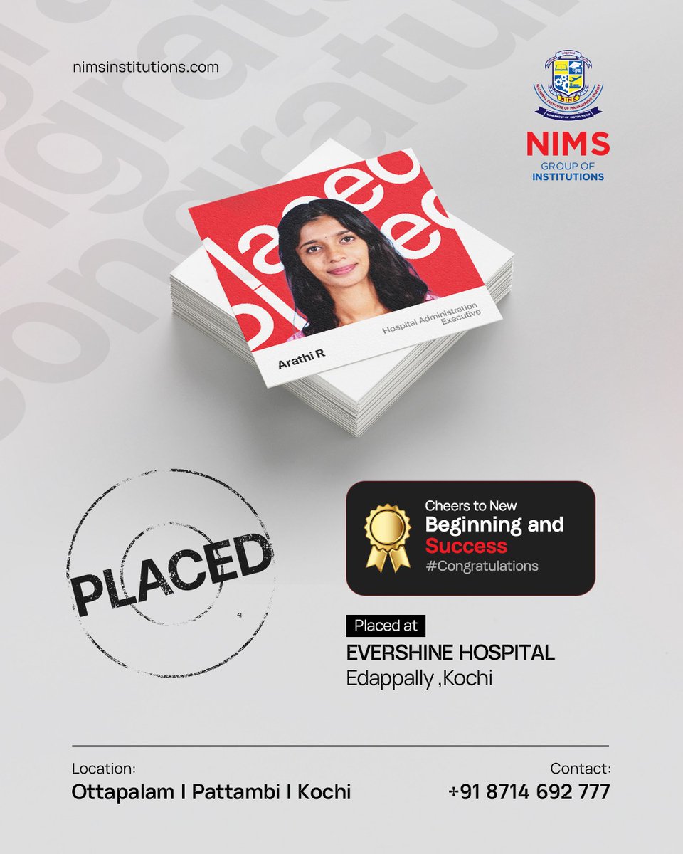 NIMSINSTITUTION's tweet photo. Another Milestone, Another Success Story!

Heartfelt congratulations to Arathi R on securing a position as a Hospital Administration Executive at Evershine Hospital, Edappally, Kochi. https://t.co/mKgPyvmAYf