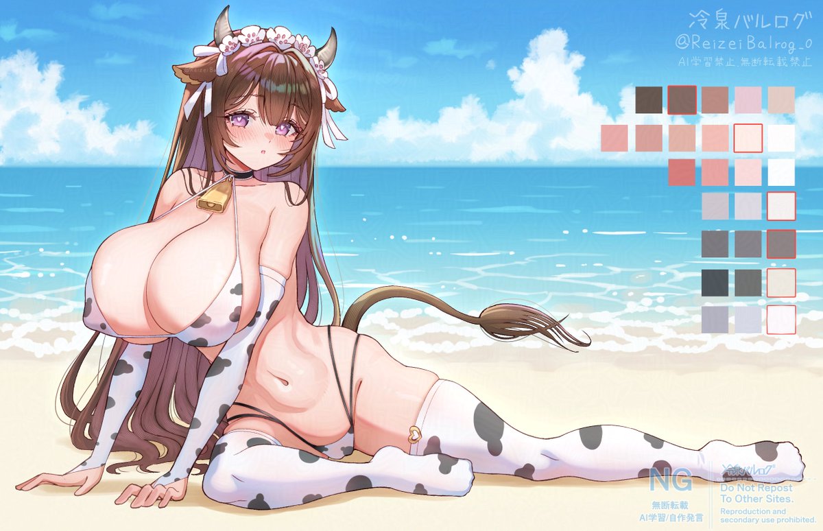 ReizeiBalrog_0's tweet photo. 牛柄水着　アズールレーン樫野

素体の線画練習のつもりが筆が乗っていつの間にか着彩してエフェクトまでつけちゃってた。
皆さん熱中症にはお気をつけて https://t.co/jklVQmPCPl
