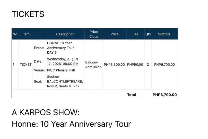 Markjones334's tweet photo. WTS LFB | Honne Concert
(2 Tickets)
HONNE 10 YEAR ANNIVERSARY TOUR - DAY 3
August 12, 2026 | Wednesday | 8:00 PM
PICC Plenary Hall
Balcony Left Rear B
Row R
Seats 16 &amp; 17 https://t.co/VsdoiOOHDn