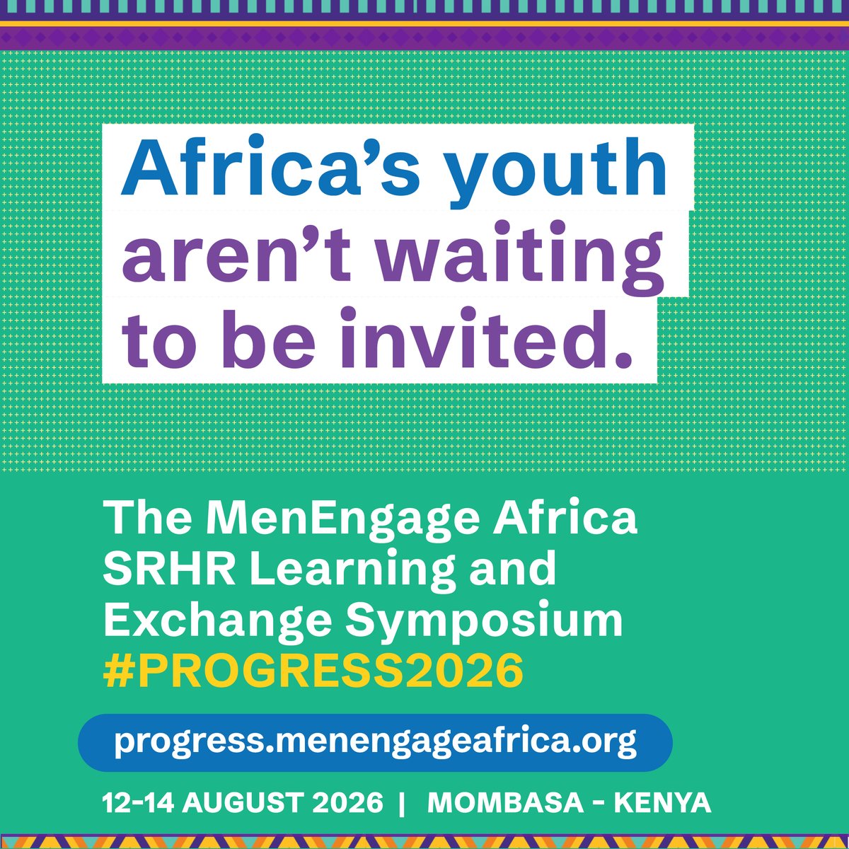 MenEngageAfrica's tweet photo. Tomorrow, the voices become one conversation.
Follow #PROGRESS2026.

12-14 August 2026 | Mombasa, Kenya
For three days, Africa's changemakers will come together in Mombasa to exchange ideas, strengthen partnerships and advance reproductive justice across the continent. https://t.co/O8YvLtSR9L