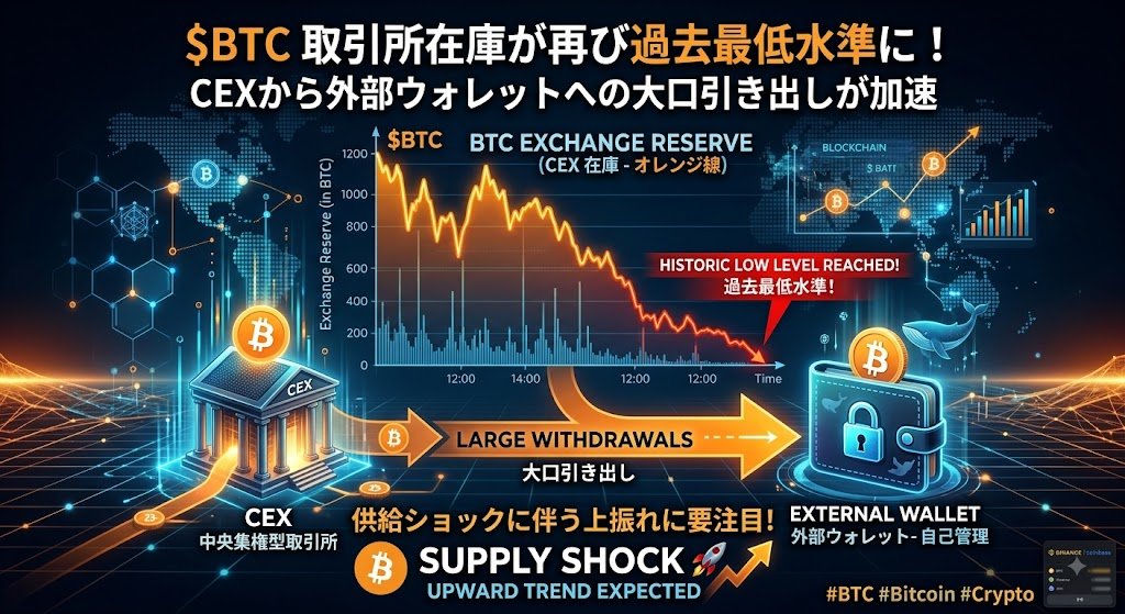 qwkljd's tweet photo. 🐳 $BTC 取引所在庫が再び過去最低水準に！ CEXから外部ウォレットへの大口引き出しが加速。供給ショックに伴う上振れに要注目です！ #BTC #Bitcoin #Crypto https://t.co/0U1xGoB6iz